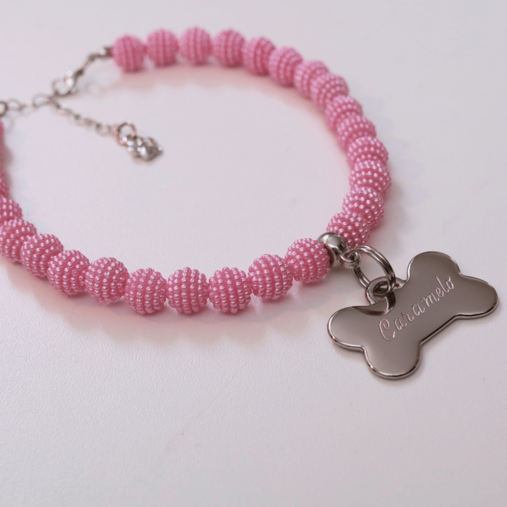 Coleira Glamour Pet com Plaquinha de Identificação Personalizada - Rosa