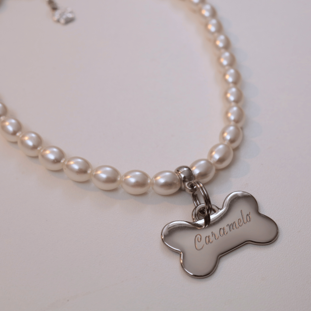 Coleira Glamour Pet com Plaquinha de Identificação Personalizada - Pérola