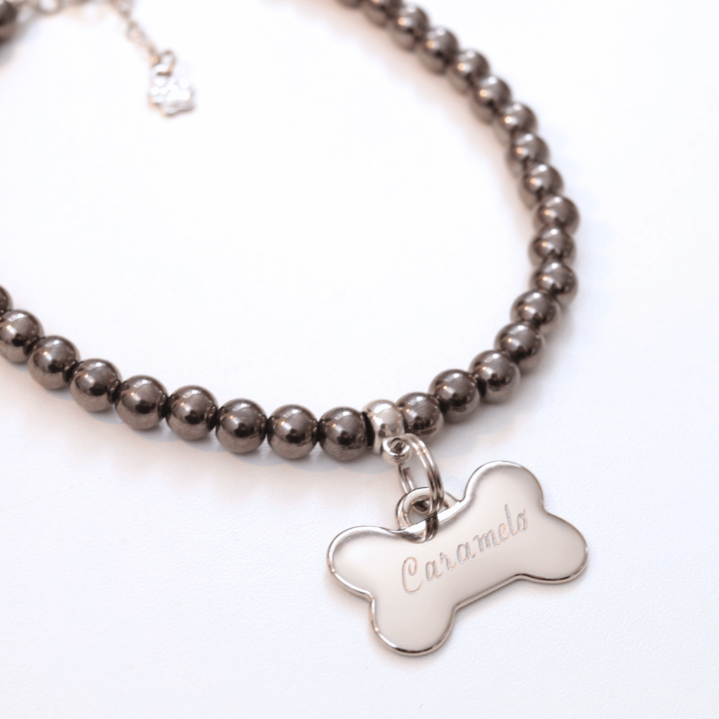 Coleira Charm Com Plaquinha de Identificação Personalizada - Preta Brilhante