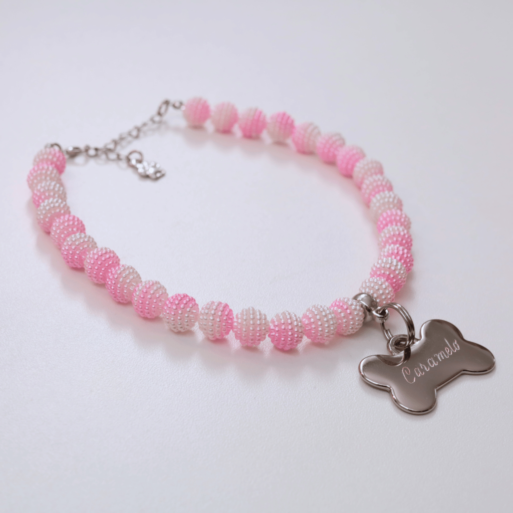 Coleira Glamour Pet com Plaquinha de Identificação Personalizada - Rosa e Branco