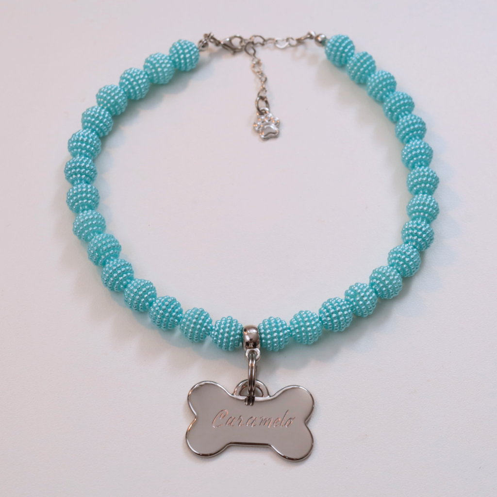 Coleira Glamour Pet com Plaquinha de Identificação Personalizada - Azul