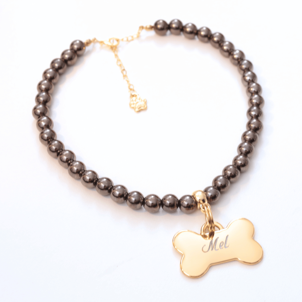 Coleira Charm Com Plaquinha de Identificação Personalizada - Preta Brilhante