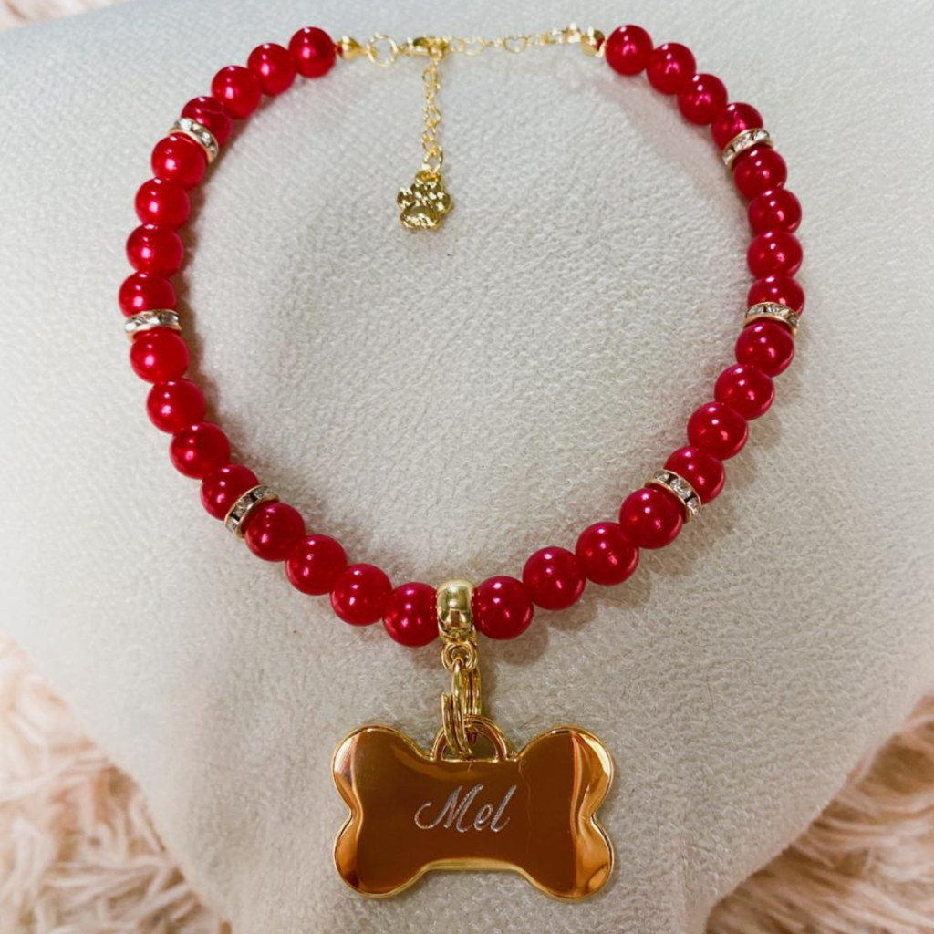 Coleira Brilho Com Plaquinha de Identificação Personalizada - Vermelho