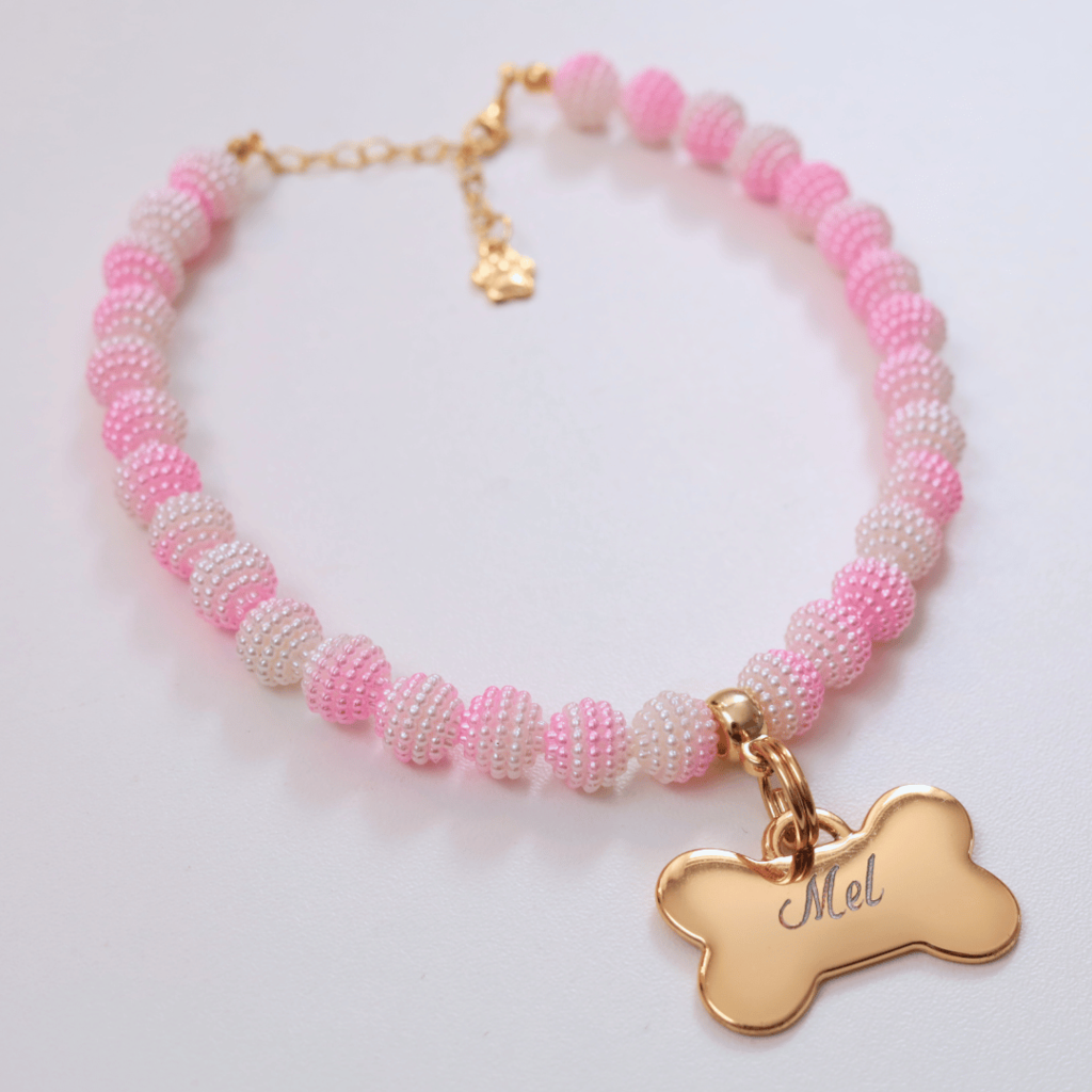 Coleira Glamour Pet com Plaquinha de Identificação Personalizada - Rosa e Branco