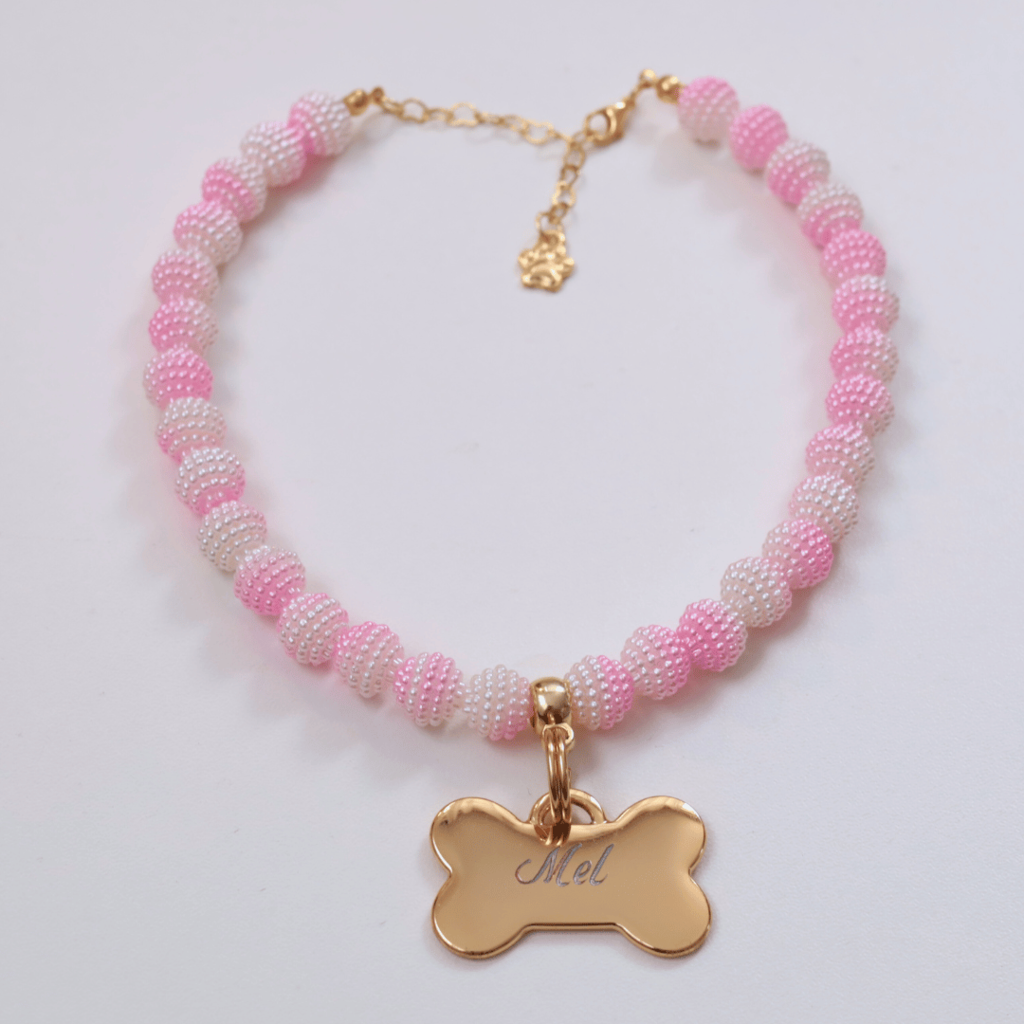 Coleira Glamour Pet com Plaquinha de Identificação Personalizada - Rosa e Branco