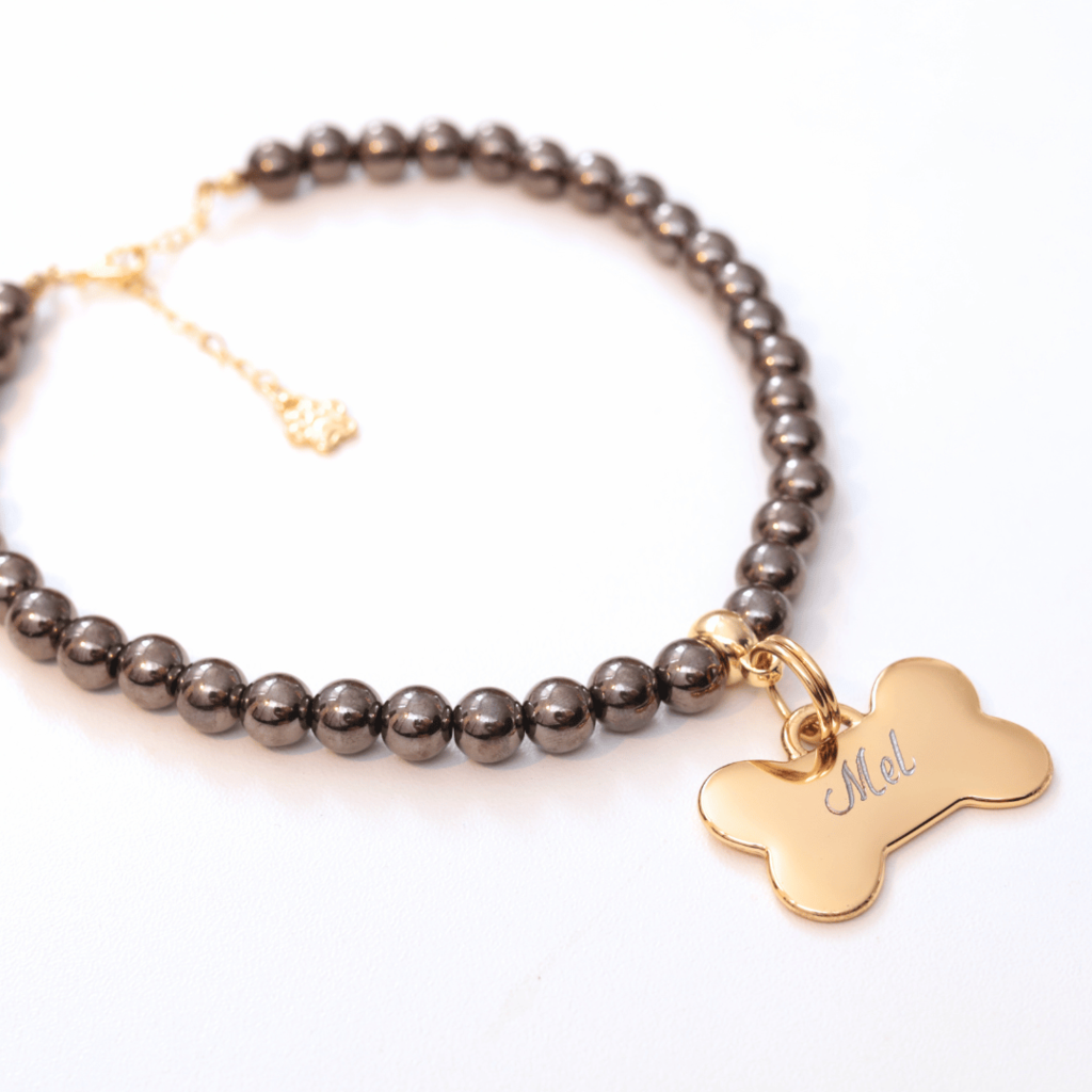Coleira Charm Com Plaquinha de Identificação Personalizada - Preta Brilhante