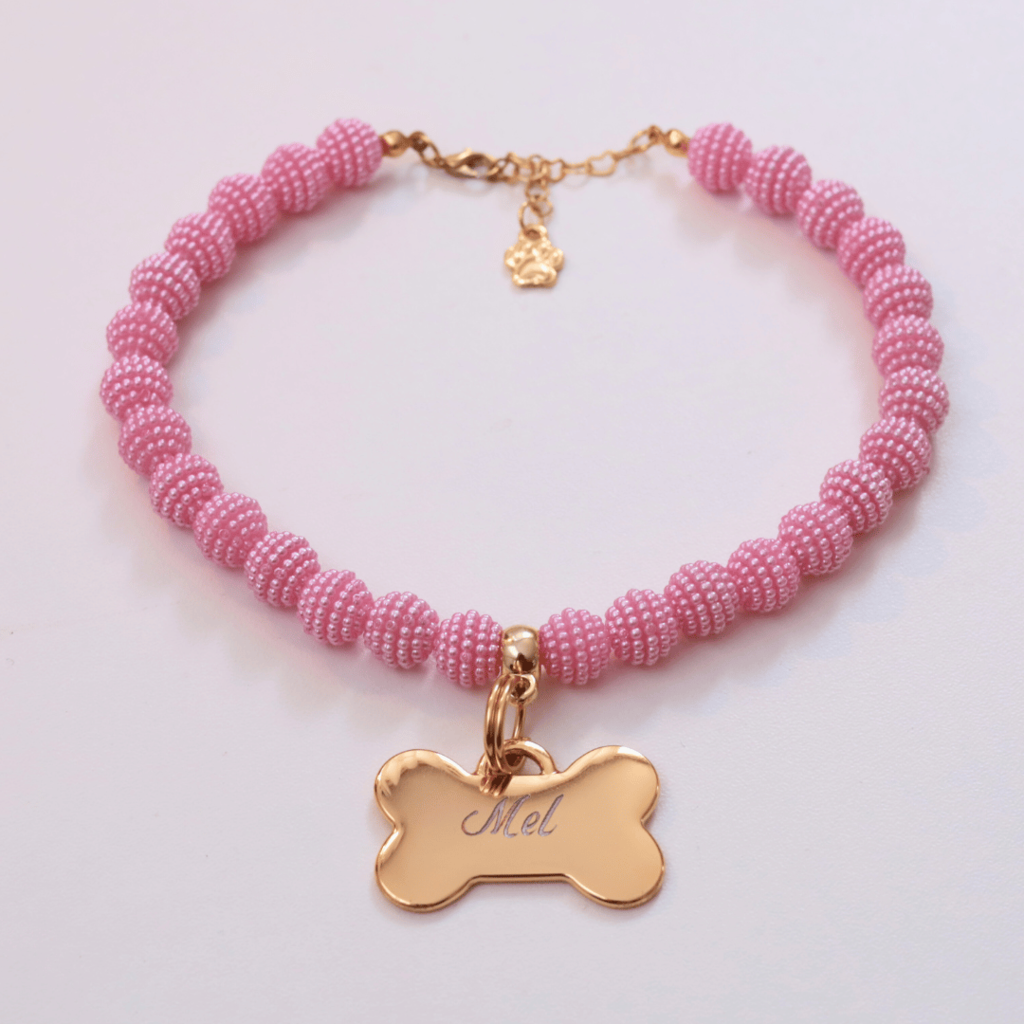 Coleira Glamour Pet com Plaquinha de Identificação Personalizada - Rosa