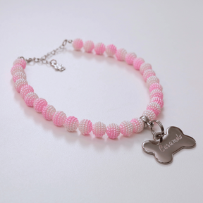 Coleira Glamour Pet com Plaquinha de Identificação Personalizada - Rosa e Branco